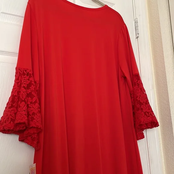 LuLaRoe Red Midi Dress with Lace Sleeves - Picture 3 of 7